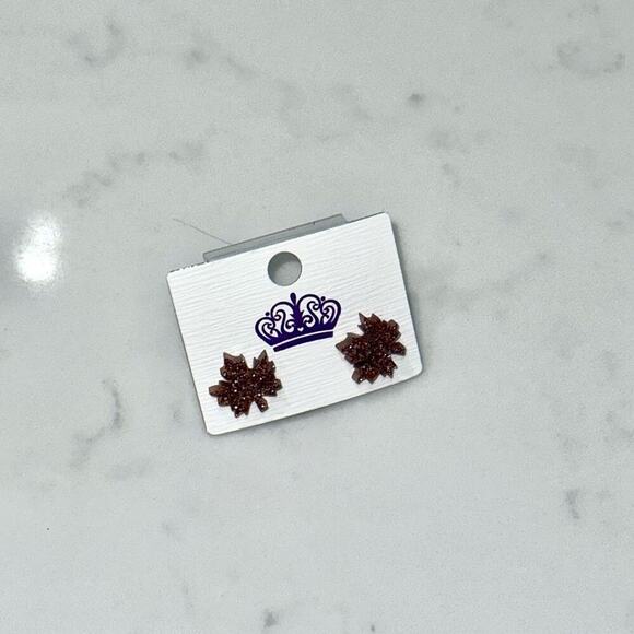 Autumn Brown Glitter Leaf Stud Earrings | Sz OS, NWOT - Picture 3 of 3